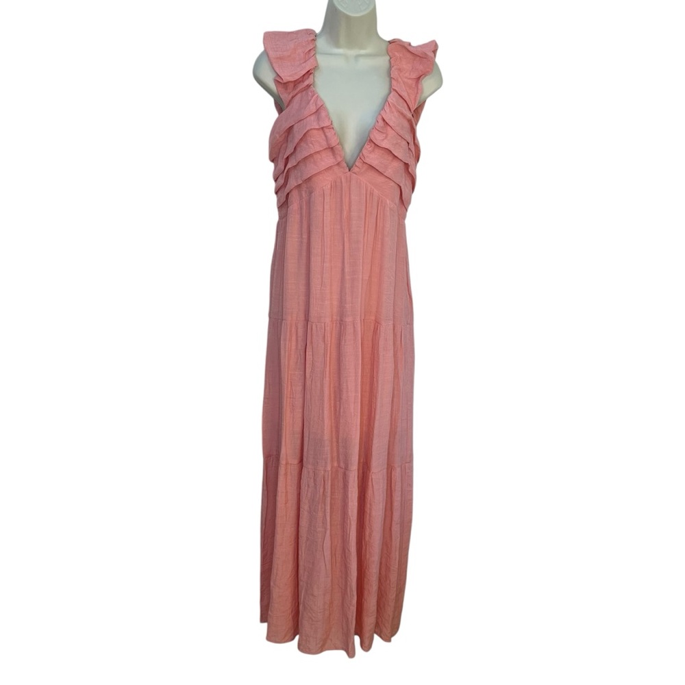Hunter & Brown Women's Coral Pink Ruffled V-Neck Smocked Maxi Dress